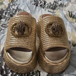 Kurt Geiger Gold Woven Mules with Embellished Detail